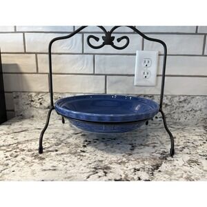 Longaberger Pottery Cornflower Blue USA made pie plate with wrought iron server